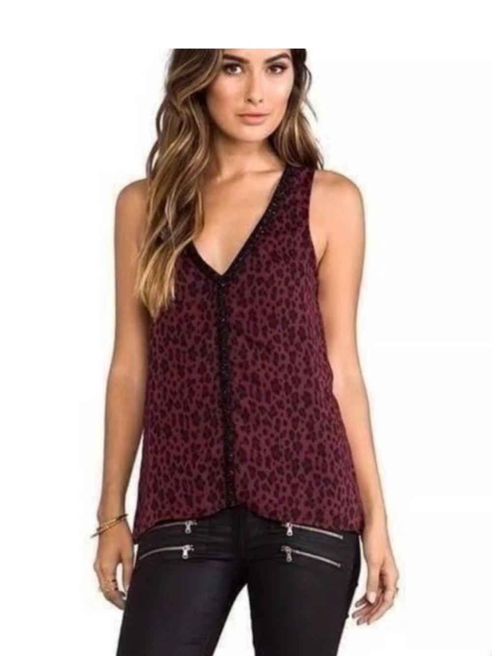 Sanctuary Burgundy Leopard Print V-Neck Camisole with Black Trim